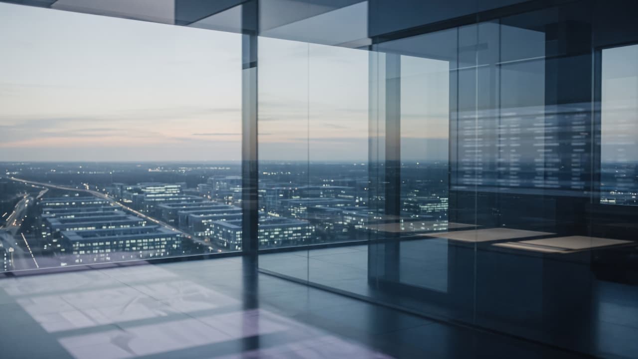 Quiet modern glass architecture in cool slate and navy